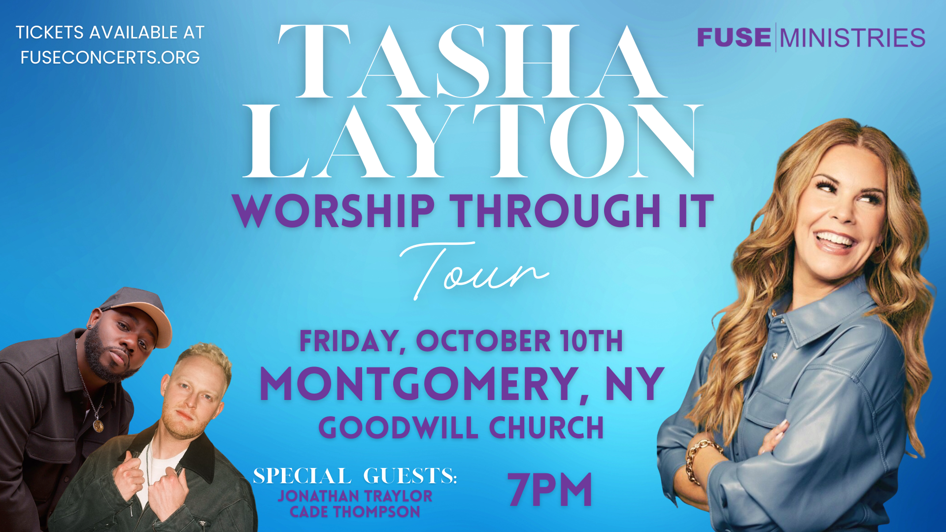 Tasha Layton, Cade Thompson, and Jonathan Traylor on an image for Tasha Layton's Worship Through It tour.